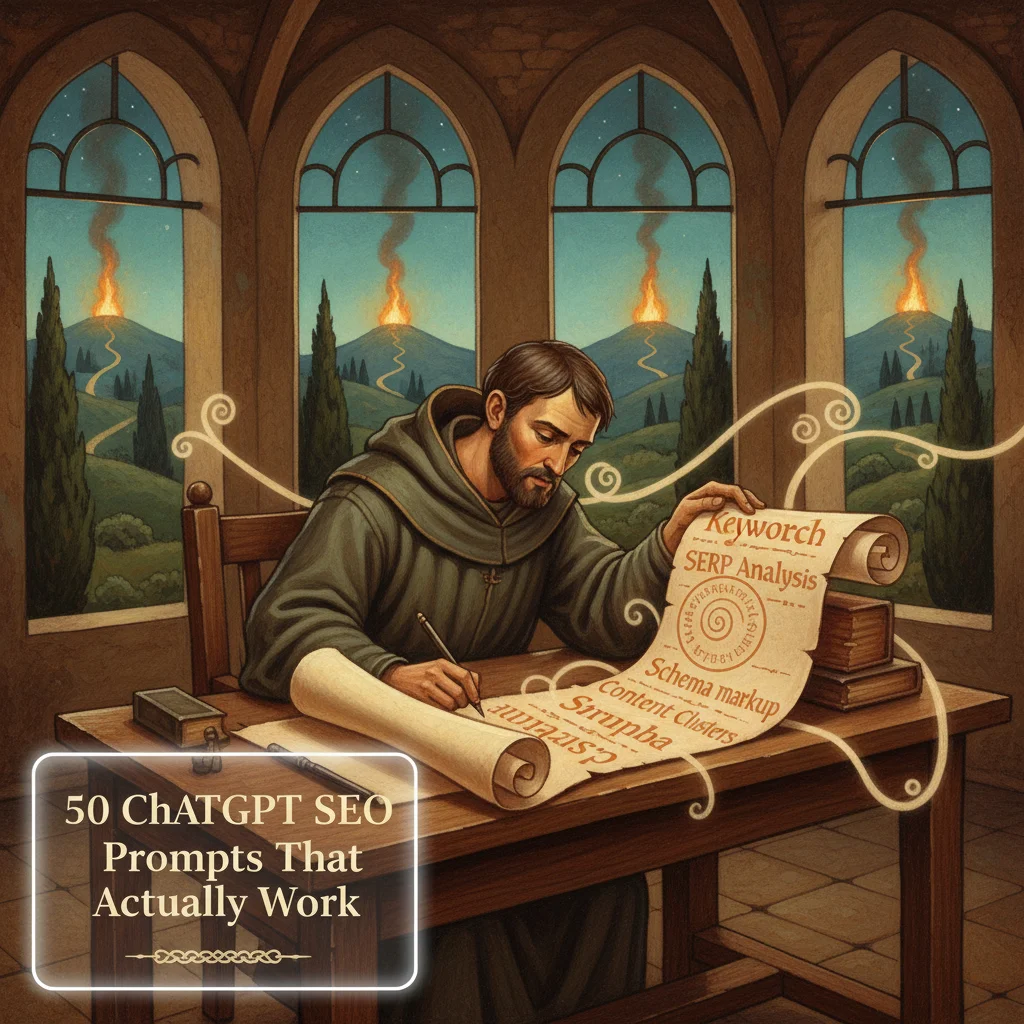 Medieval scriptorium workspace with glowing prompt scroll, signal fires representing AI platforms, and frosted glass overlay showing article title