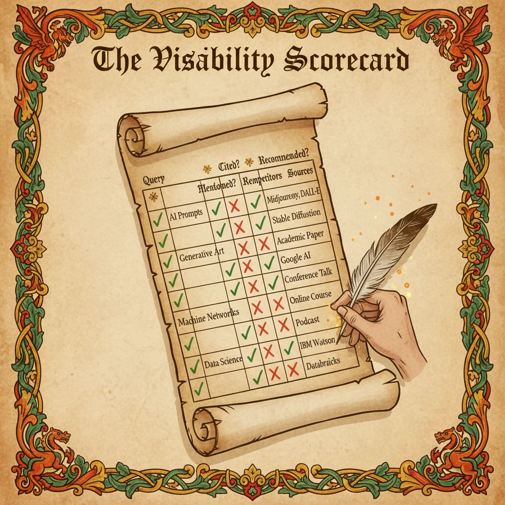 Medieval ledger showing visibility tracking scorecard with columns for Query, Mentioned, Cited, Recommended, Competitors, and Sources—check marks in green, gaps in red