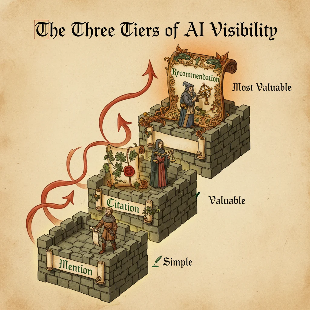Medieval-style infographic showing three ascending tiers of AI visibility: Mention (bottom), Citation (middle), and Recommendation (top) with increasing value