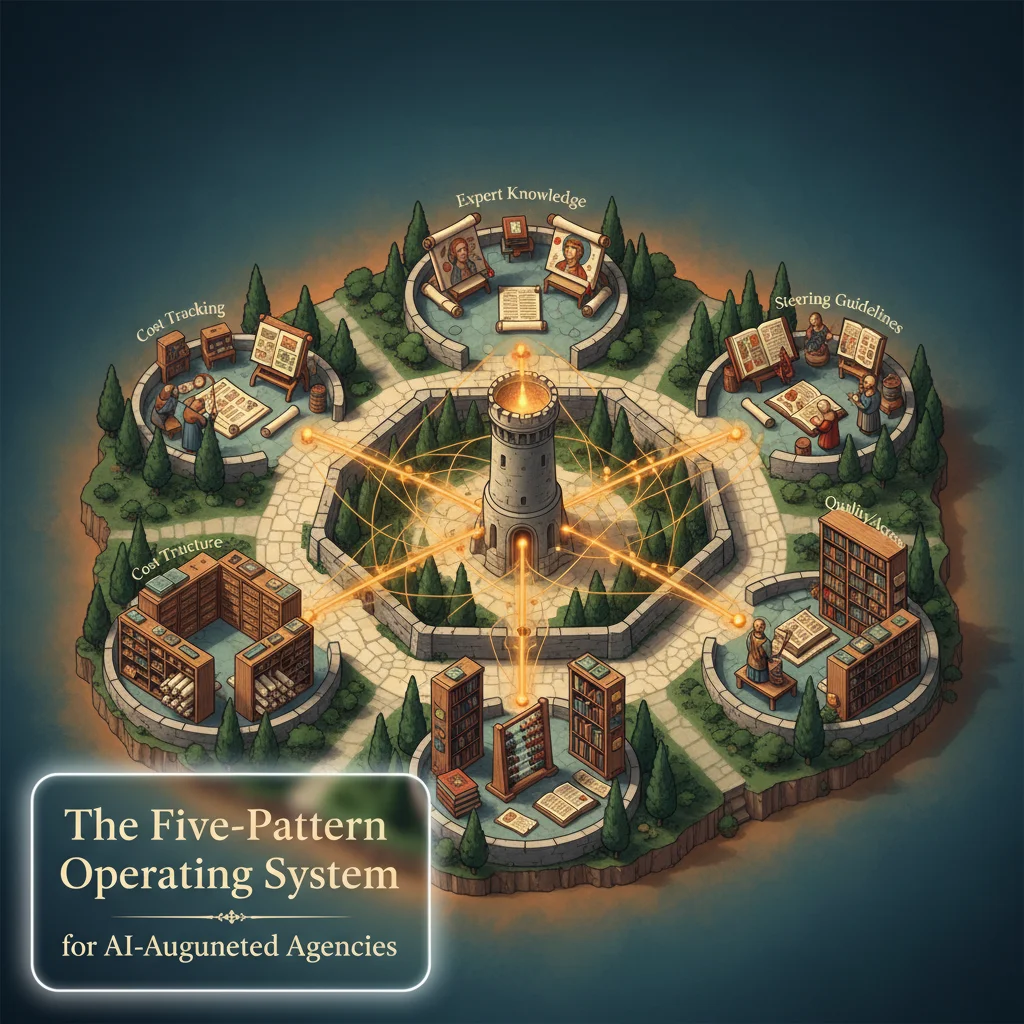 Medieval manuscript illustration of an interconnected system of scrolls, paths, and a central tower