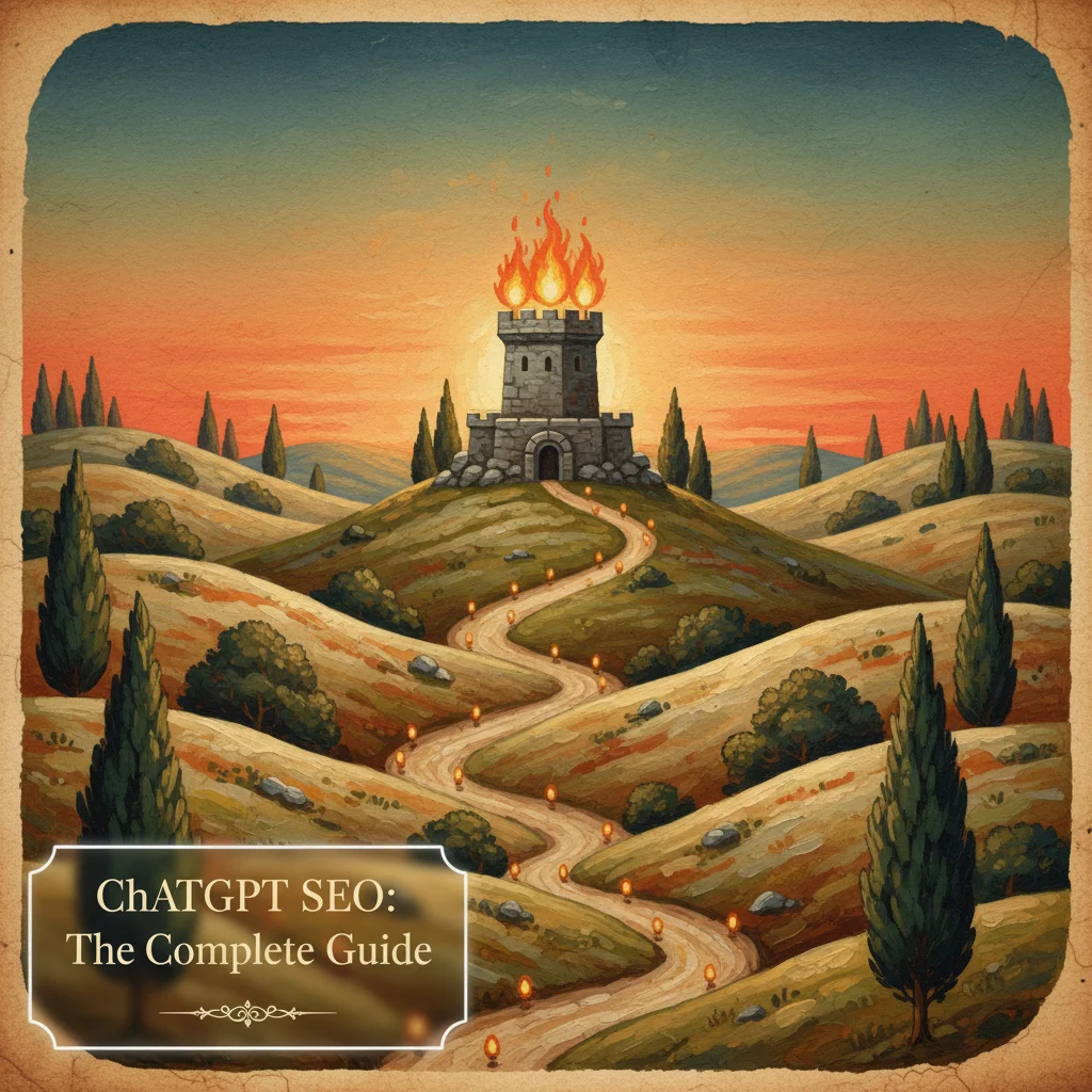 Medieval landscape showing converging paths leading to a central beacon, representing AI visibility across ChatGPT, Perplexity, and Google AI Overviews