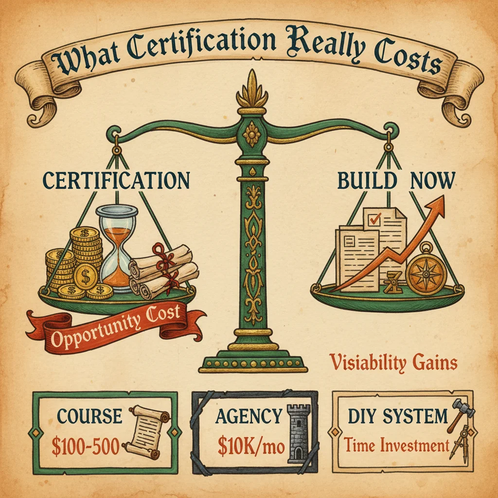Medieval balance scales showing certification costs: money, time, and opportunity cost on one side versus building proof assets and real visibility gains on the other