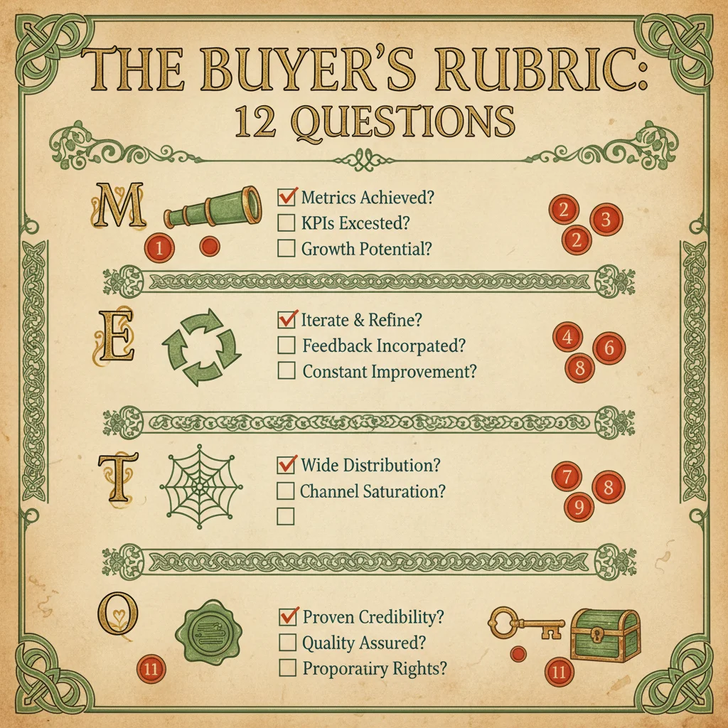 The buyer's rubric infographic showing 5 evaluation blocks with numbered medallions for 12 questions: Measurement (6 questions), Execution Loop (3 questions), Omnipresence, Trust & Quality, and Ownership