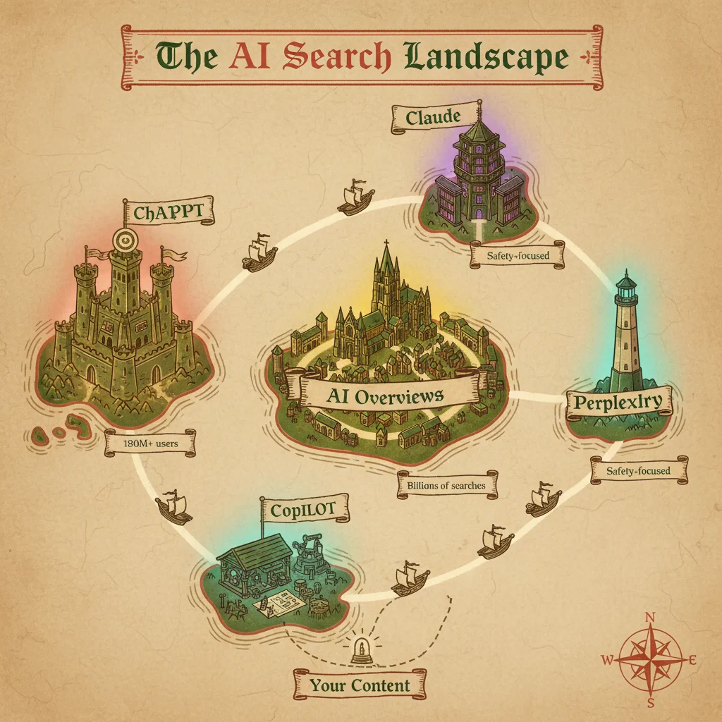 The AI Search Landscape - Medieval map showing ChatGPT, Google AI Overviews, Perplexity, Claude, and Copilot as territories
