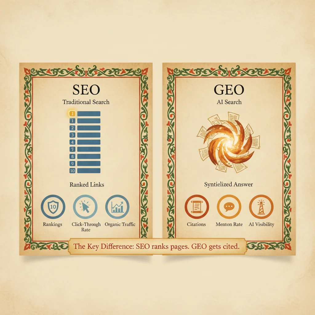 GEO vs SEO Comparison - Medieval manuscript showing the key differences between traditional search and AI search