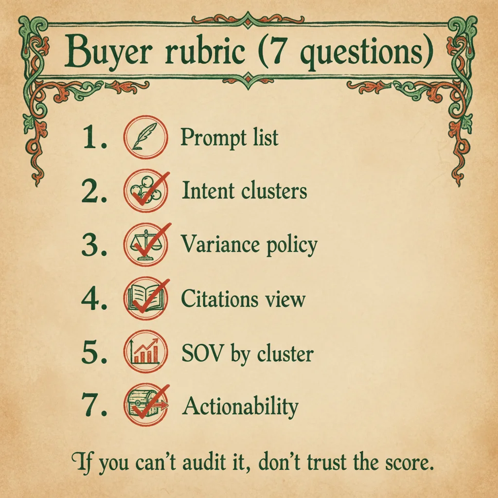 Buyer rubric - Seven-question checklist for evaluating GEO tools