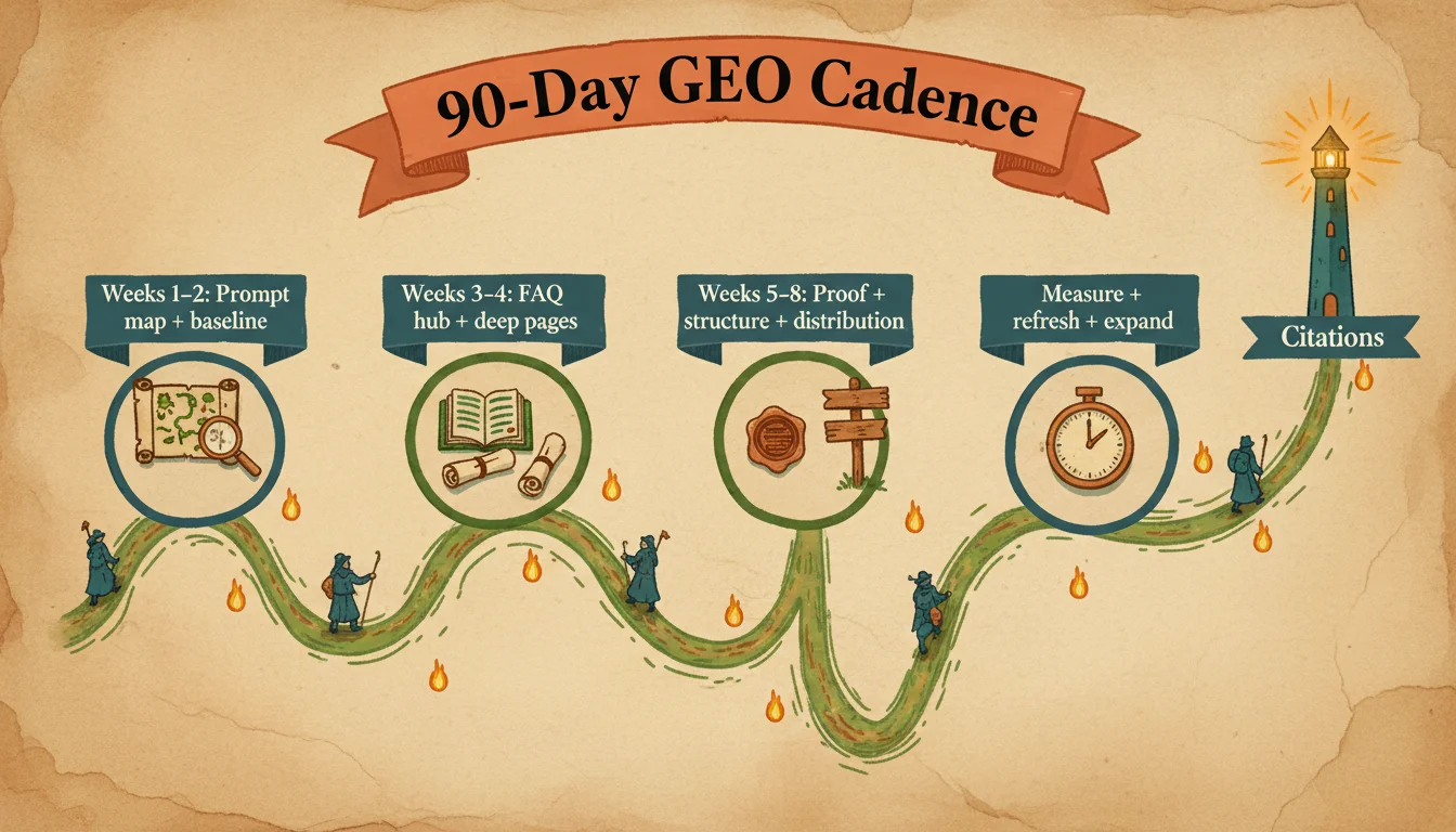 90-Day GEO cadence roadmap - journey map with four phases and a beacon labeled citations