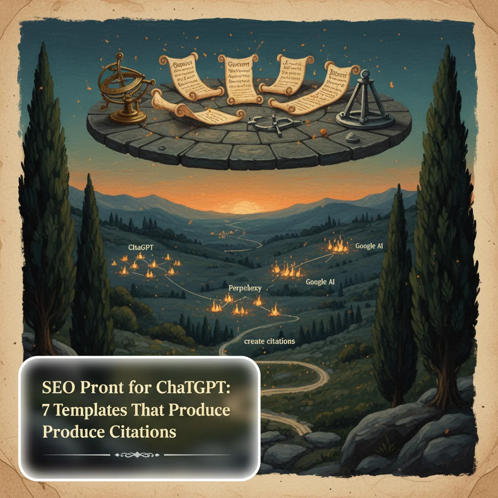 Medieval scribe's observatory with seven glowing scrolls and signal fires representing AI platforms in the distance