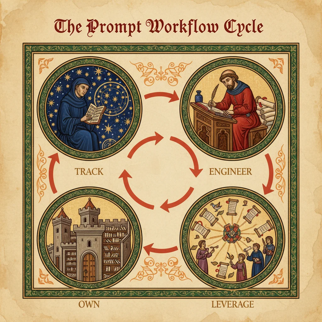 The Prompt Workflow Cycle: Track, Engineer, Leverage, Own - illustrated as four connected medallions in illuminated manuscript style