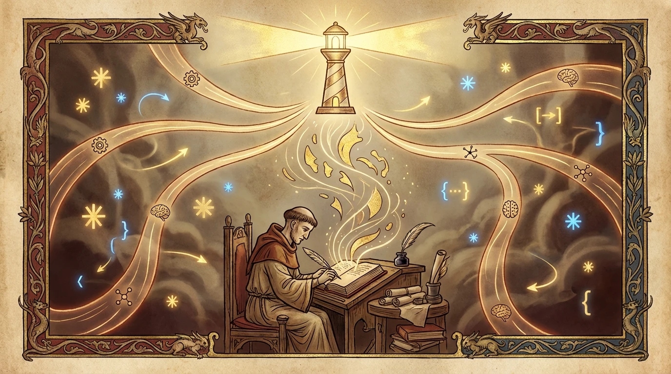 Medieval scribe's desk with converging paths leading to a beacon, representing content optimized for AI citation