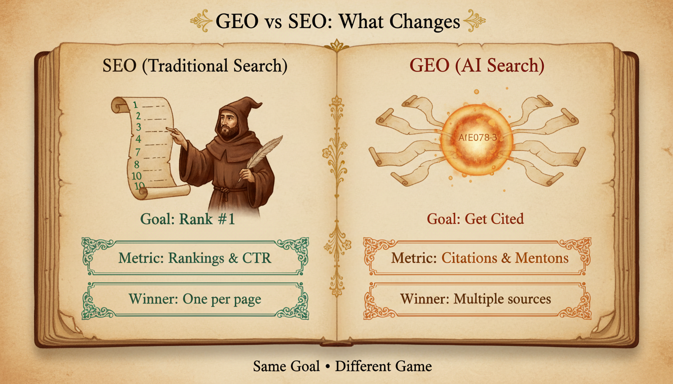 GEO vs SEO Comparison - Medieval manuscript showing the key differences between traditional search and AI search