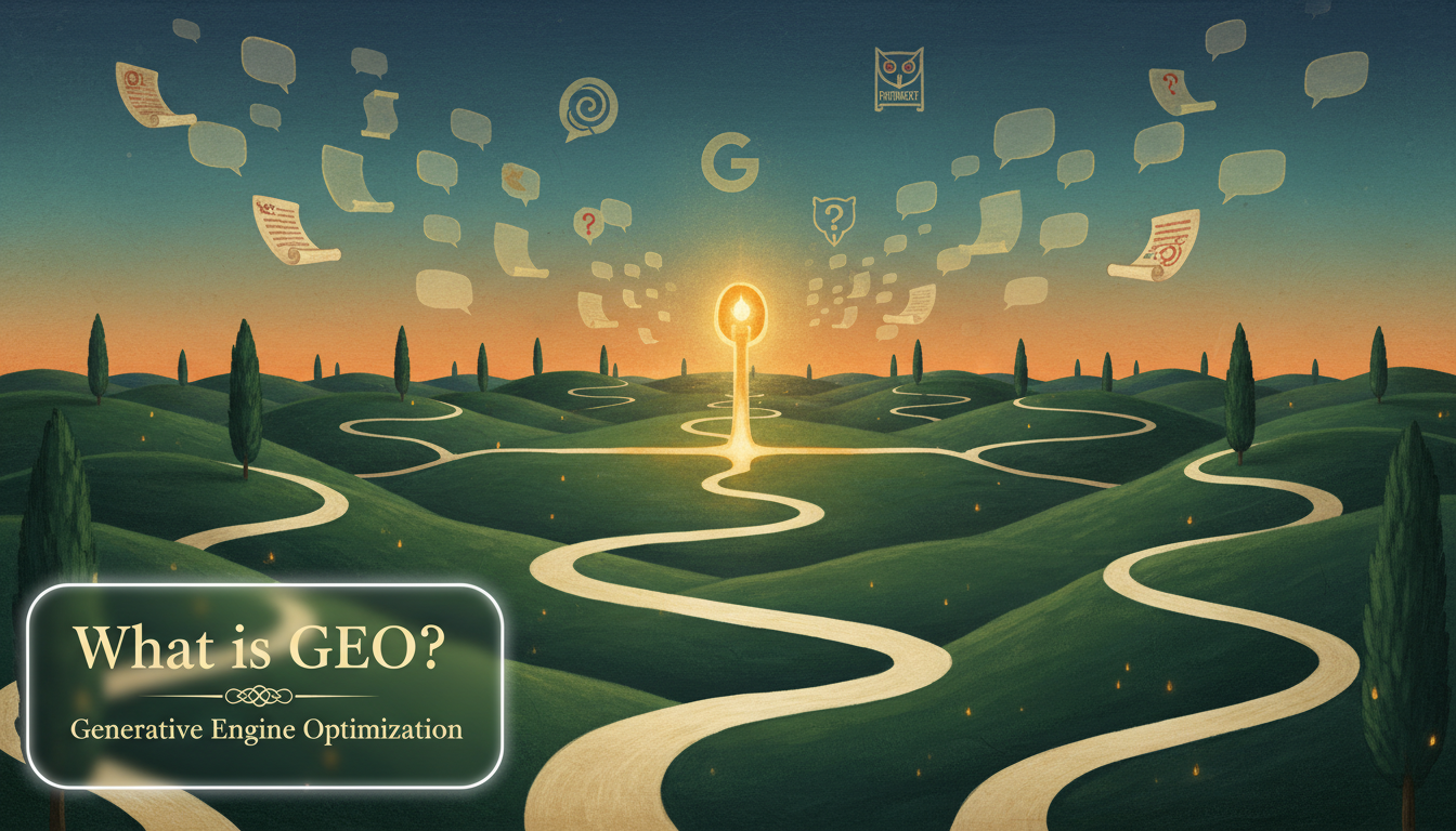 What is GEO - Converging paths with AI chat bubbles flowing to a golden beacon in the Scapeon world