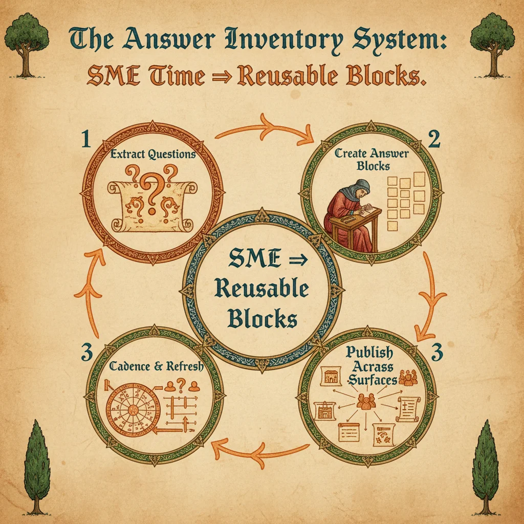 The Answer Inventory System showing a circular workflow: Extract Questions → Create Answer Blocks → Publish Across Surfaces → Cadence & Refresh, with SME time converted into reusable content blocks