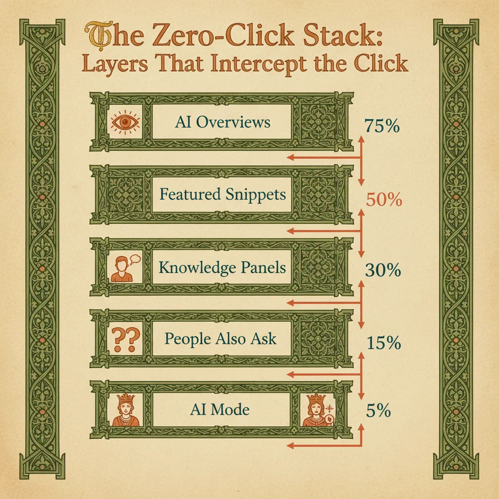 The zero-click stack showing 5 layers of SERP features that intercept user attention: AI Overviews, Featured Snippets, Knowledge Panels, People Also Ask, and AI Mode