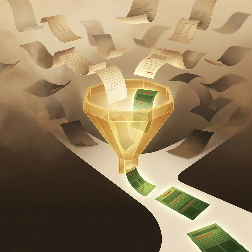 Visual metaphor of AI filtering and selecting sources through a two-stage process