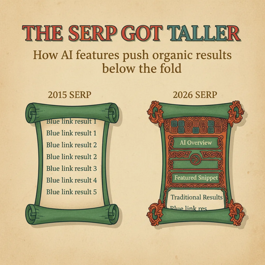 Visual comparison showing SERP evolution from 2015 to 2026, with AI features pushing traditional results below the fold